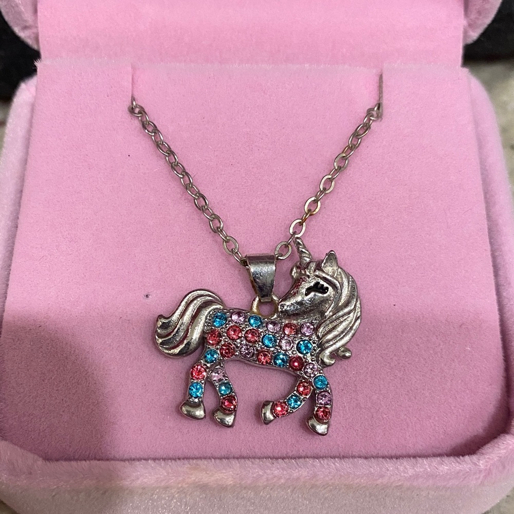 Silver Unicorn Pendant Necklace with Pink & Blue Rhinestones
